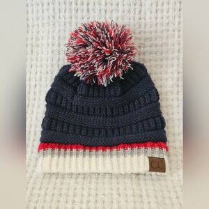 C.C Winter & Cold Weather Pom Beanie - Adult, Navy - White - Red